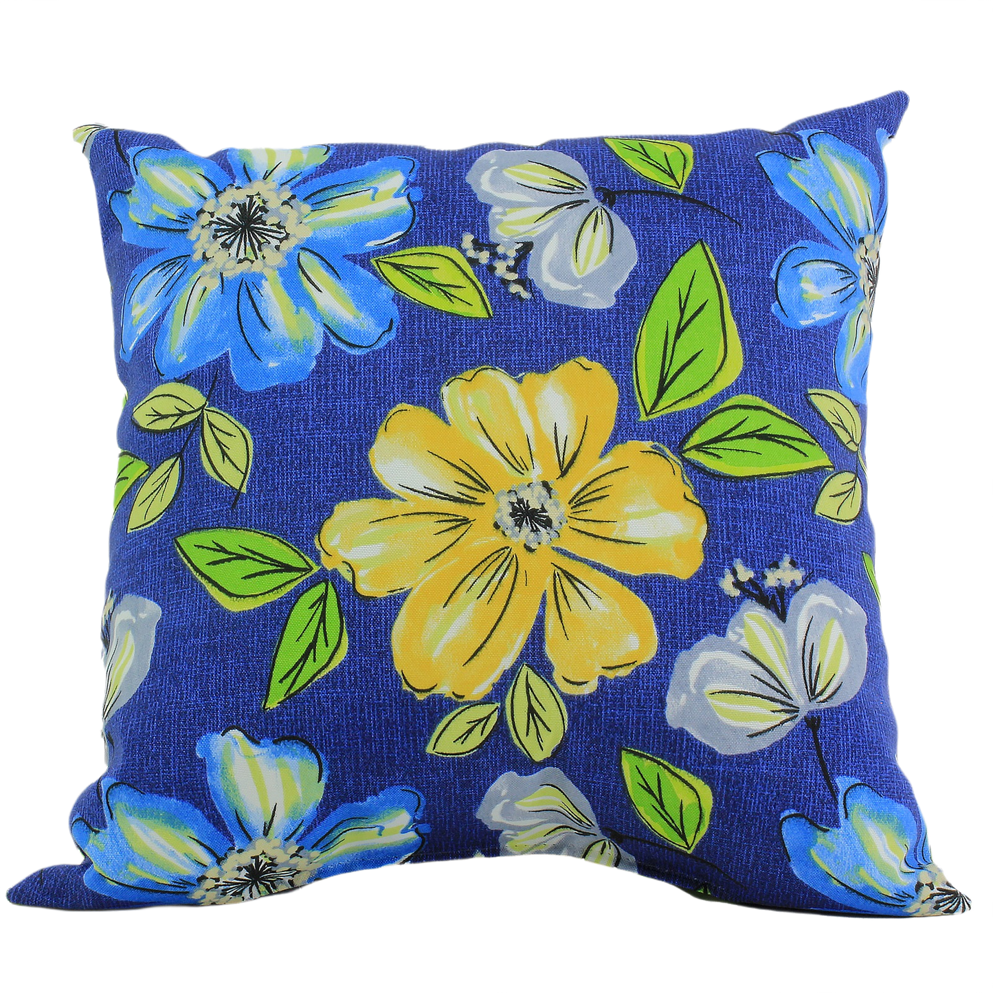 Square outdoor cushion with blue, yellow, and white floral print for patio furniture and outdoor living collections under $50