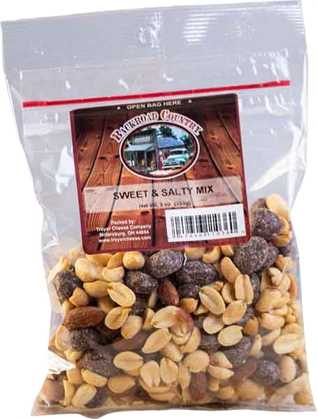 Clear resealable bag with mixed salted nuts and chocolate pieces labeled Backroad Country Sweet & Salty Mix