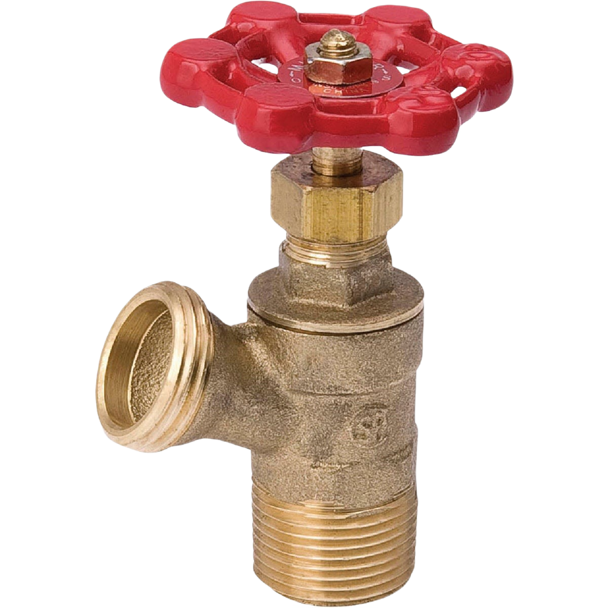 Brass boiler drain valve with red wheel handle and threaded connections for home improvement tools and plumbing tasks
