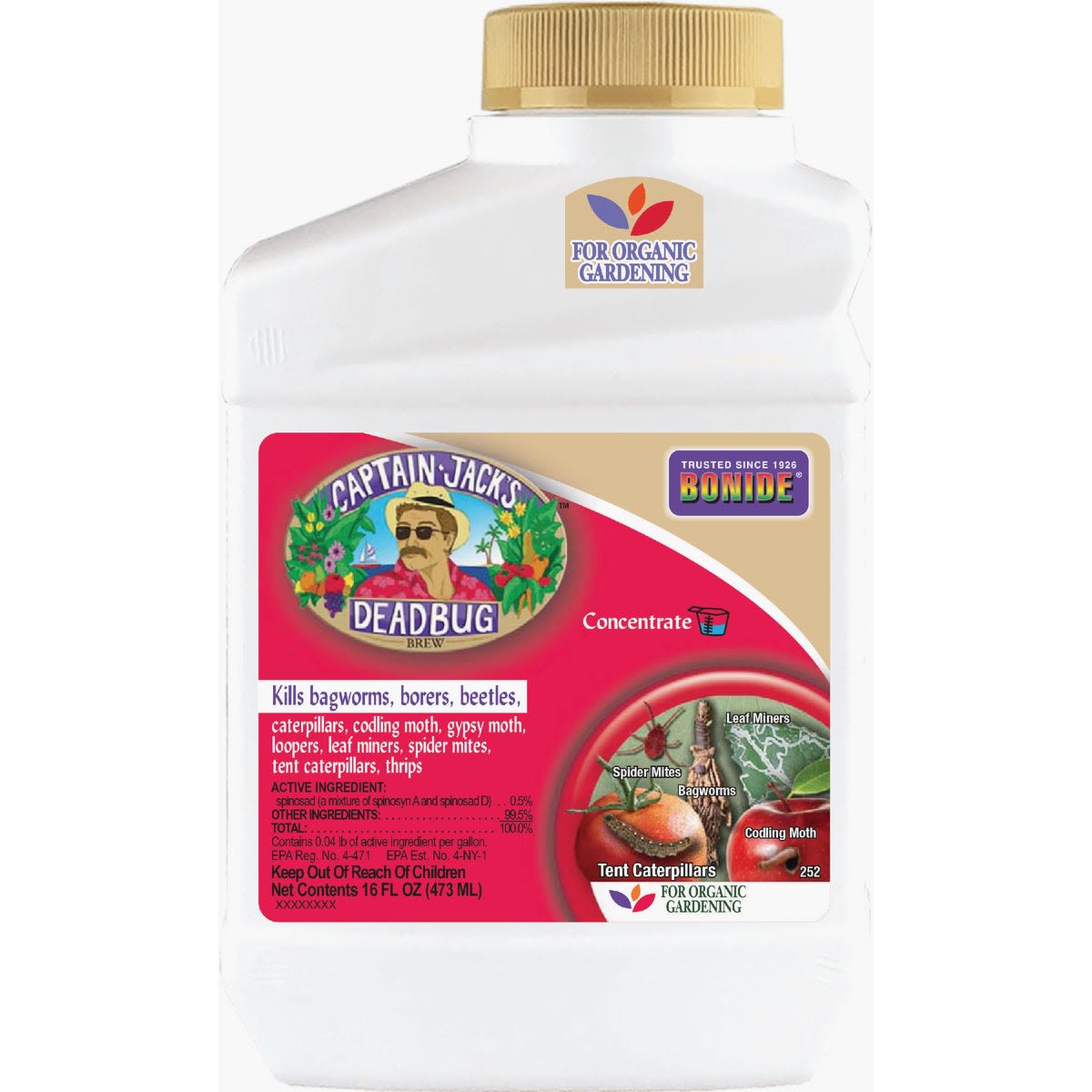 White plastic container with beige cap holding a gardening insect killer concentrate for pest control tasks