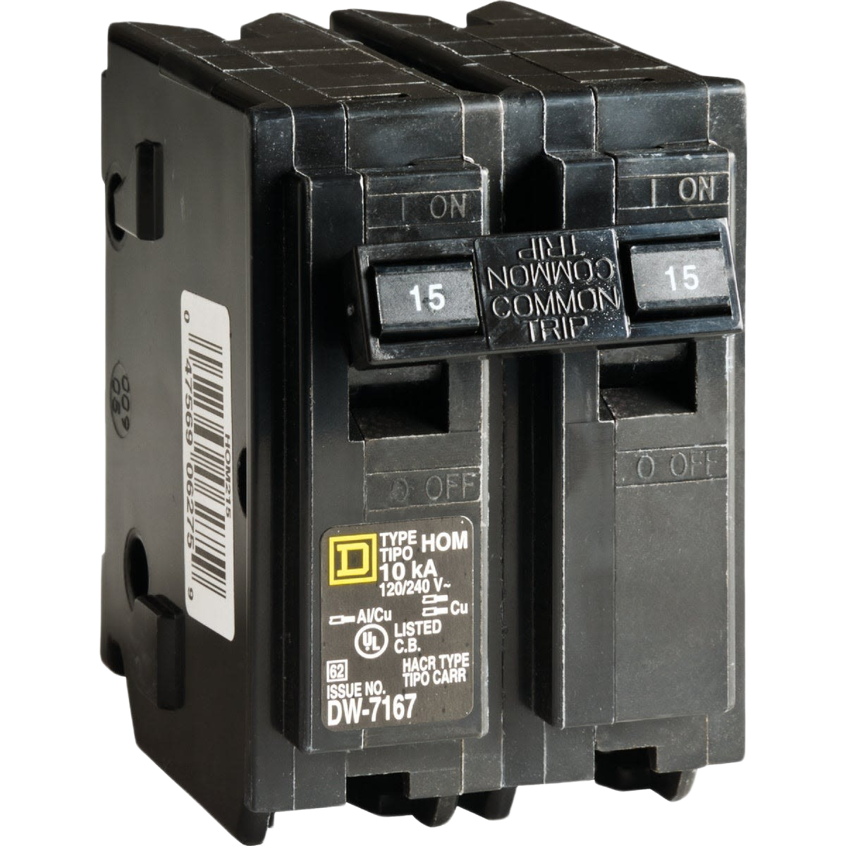Black double-pole circuit breaker with dual switches and labeled amperage for home improvement electrical safety tasks