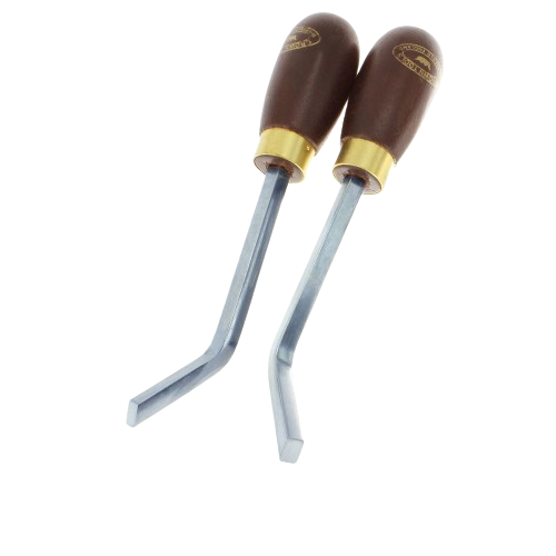 Pair of bent corner cleaning chisels with wooden handles and brass ferrules for precise woodworking tasks