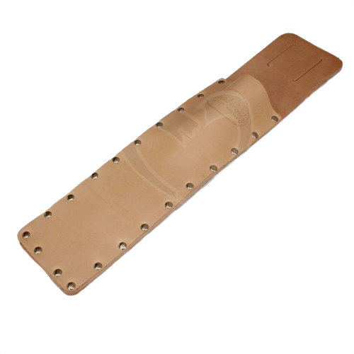 Light brown leather holster with riveted edges designed for holding timber framing slick tools in home improvement tasks