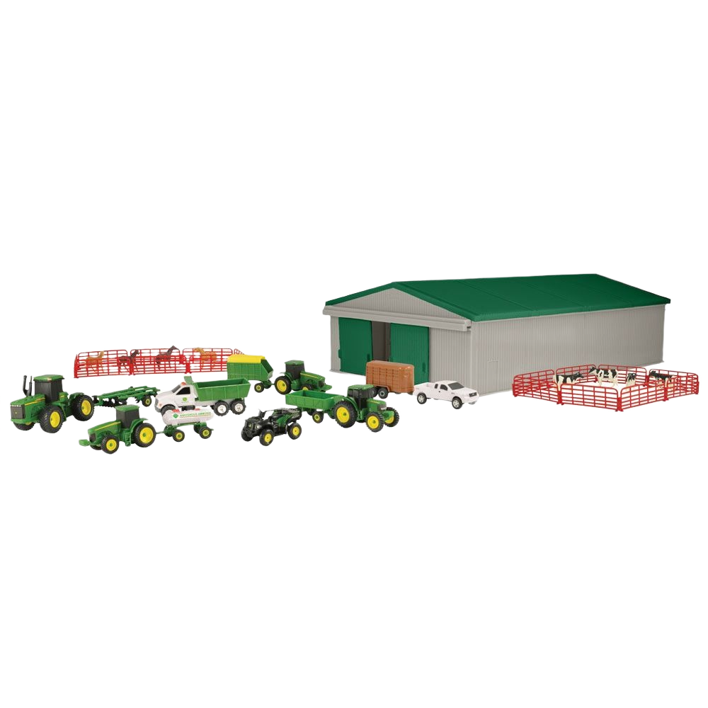 Detailed 1:64 scale farm toy set with green tractors, trailers, fencing, and a large barn for play and display