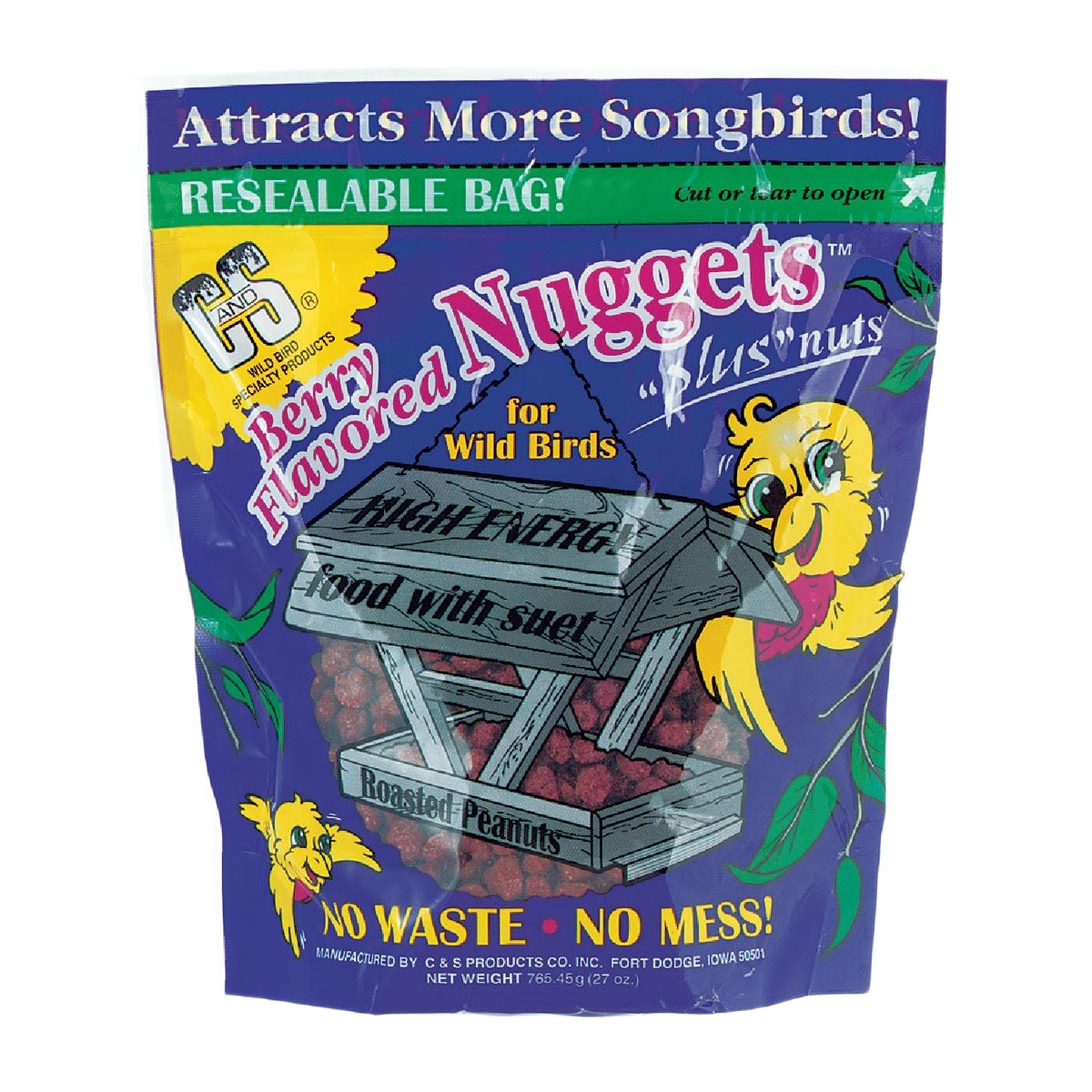 Resealable bag of berry-flavored suet nuggets with roasted peanuts to attract wild songbirds