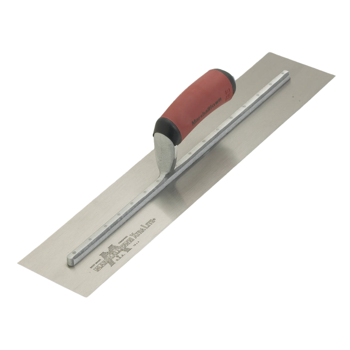 High carbon steel finishing trowel with red and black handle for precise smoothing in home improvement tasks