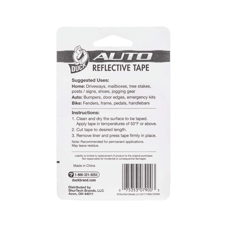 Back packaging of Duck branded red reflective tape with usage instructions for home, auto, and bike applications