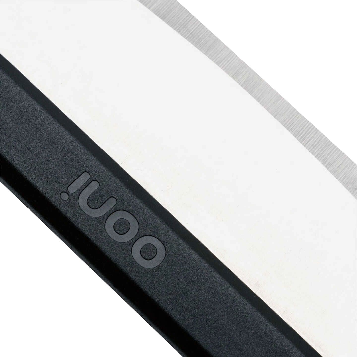 Close-up of a stainless steel rocker blade with a black handle engraved with brand name, for grilling and outdoor living tools