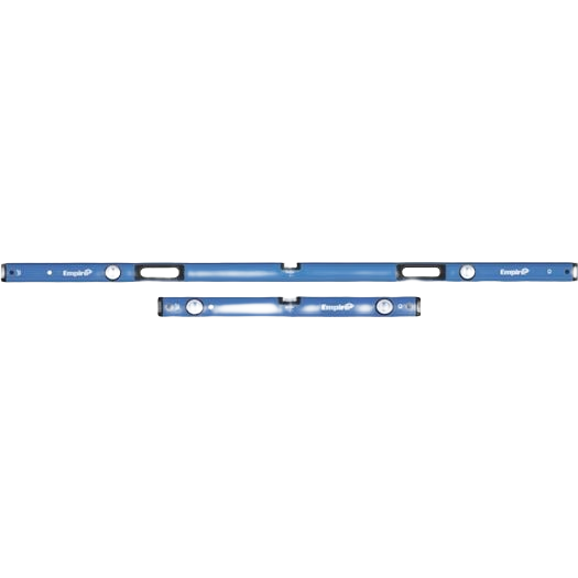 Set of blue magnetic box levels in two sizes for precise measuring in hand tools and woodworking tool collections