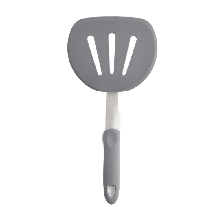 Gray wide slotted flexible spatula with non-stick surface and ergonomic handle for kitchen utensils and cooking tasks