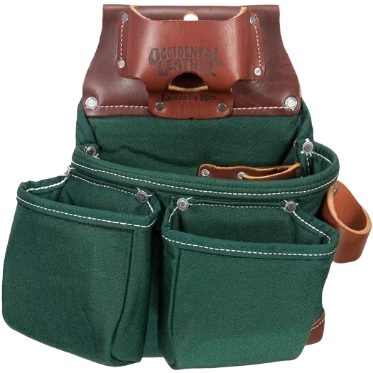 Green canvas and leather tool pouch with multiple pockets for woodworking tools and workshop organization storage