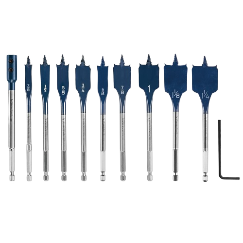 Set of 10 Bosch Daredevil spade bits with threaded tips and hex shanks plus an included hex key tool accessory