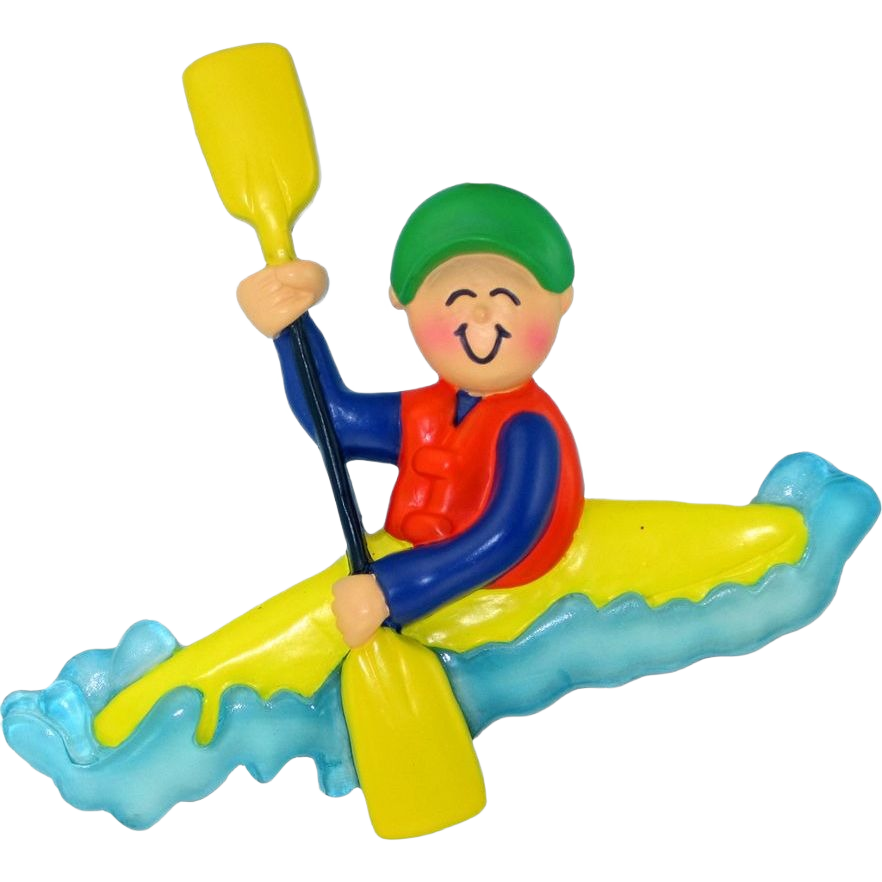 Personalized male kayaker in green cap and red vest paddling a yellow kayak for Christmas Ornaments under $50