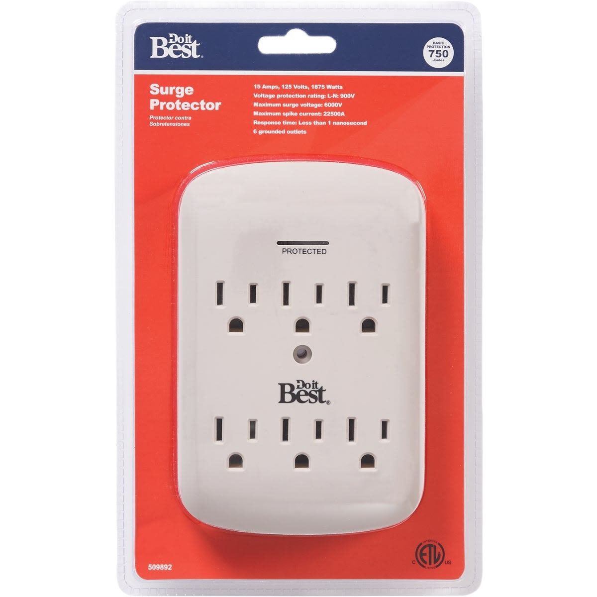 White surge protector with six grounded outlets and 15 amp rating for home improvement and tools use