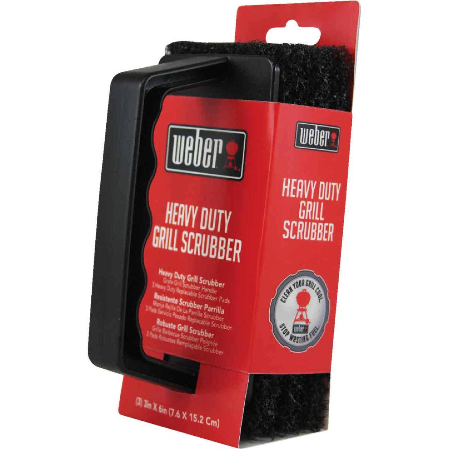 Heavy-duty grill scrubber with contoured handle and scouring pads for outdoor grilling accessories and tools collections
