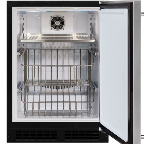 Open built-in undercounter freezer with commercial-strength chrome baskets and ventilation fan inside from Freezers & Ice Makers collection