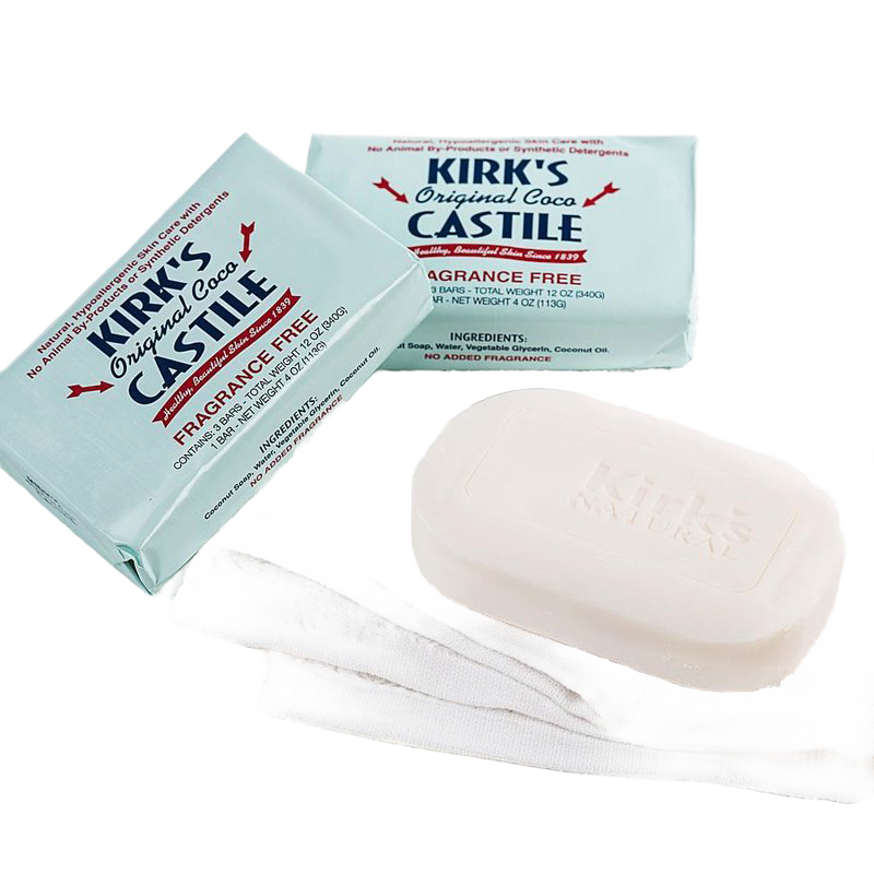 Three Kirk's fragrance-free castile soap bars with packaging and white washcloth, Health & Beauty under $50