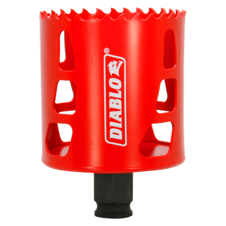 Red metal hole saw with ventilation slots and Diablo logo for woodworking tools and home improvement under $50 collections