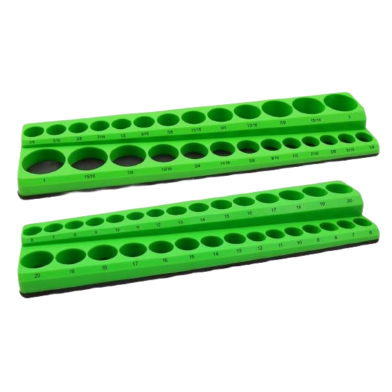 Two green magnetic socket holders with labeled compartments for organizing shallow and deep sockets in workshop tool storage