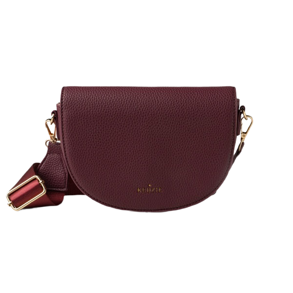 Burgundy pebbled vegan leather half-moon crossbody with adjustable strap and goldtone hardware, under $100 accessory