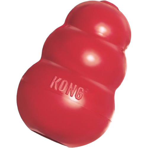 Red durable rubber dog toy designed for chewing, fetching, and treat stuffing in pet and toy collections