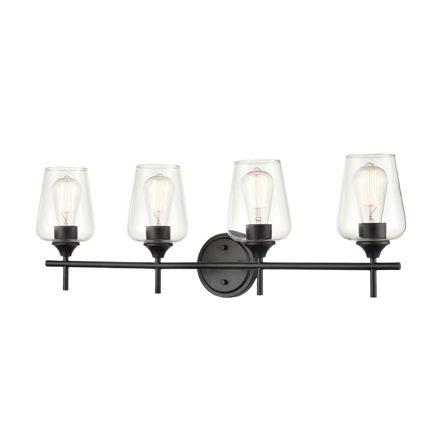 Matte black four-light vanity fixture with clear glass shades and vintage-style bulbs for home lighting decor.