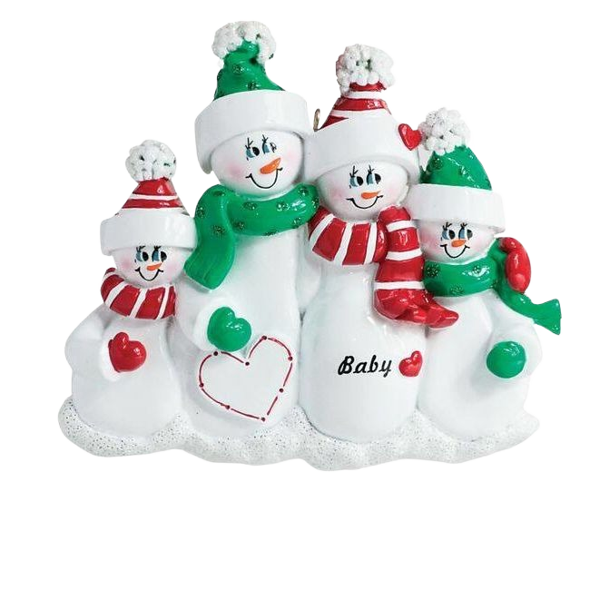 Festive snow family of four with scarves and hats celebrating new arrival in Christmas Ornaments & Tree Decorations under $50 collection