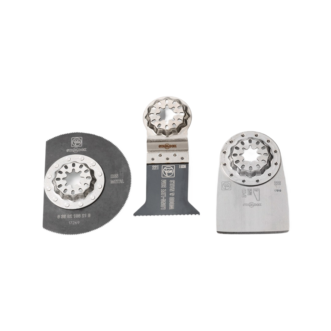 Set of three metal multi-tool blades compatible with Starlock mount for home improvement and woodworking tasks