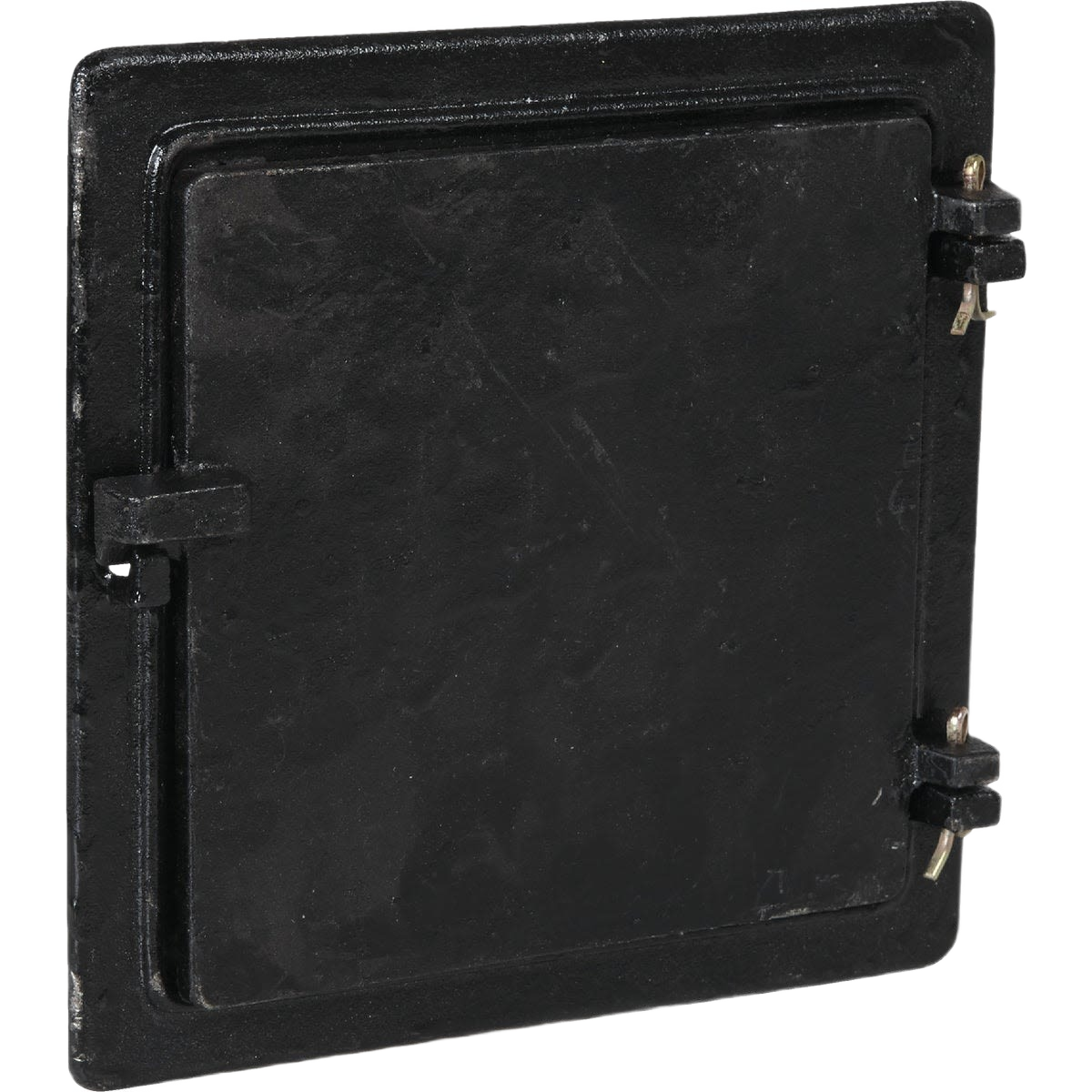 Black metal ash cleanout door with right-hinged opening, suitable for plumbing and home improvement under $100 collection