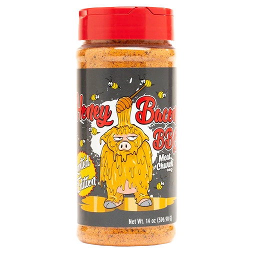 14 oz bottle of barbecue rub with honey and bacon flavor, featuring playful pig and bee illustration on label
