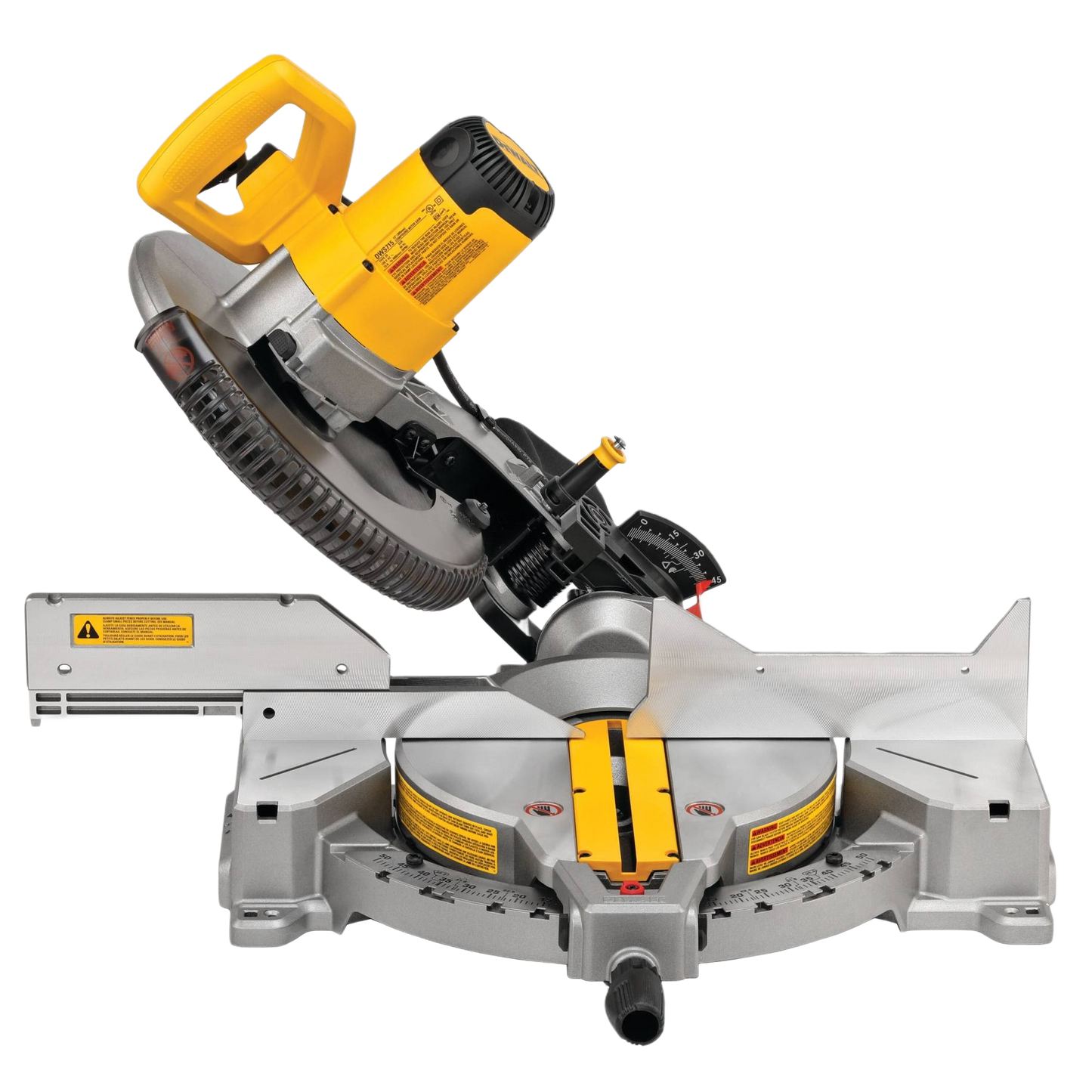 Yellow and silver single-bevel compound miter saw in power tools and electric saws for home improvement and woodworking projects