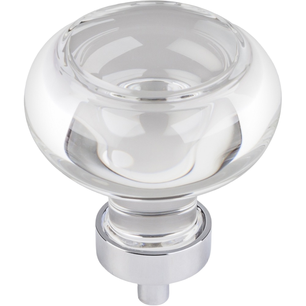 Clear glass button cabinet knob with polished chrome base for furniture hardware and home improvement collections