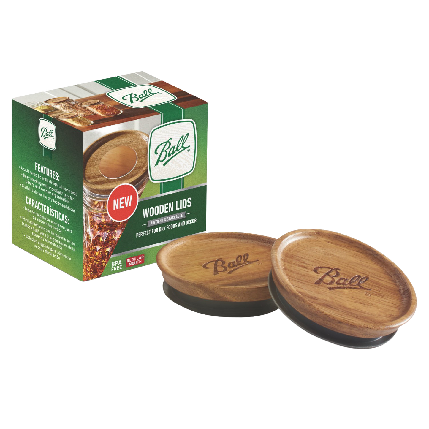 Two round wooden lids engraved with logo shown alongside green branded packaging for kitchenware collections under $50