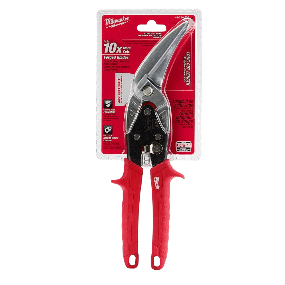 Red-handled offset aviation snips with forged steel blades for precise cutting in home improvement tasks