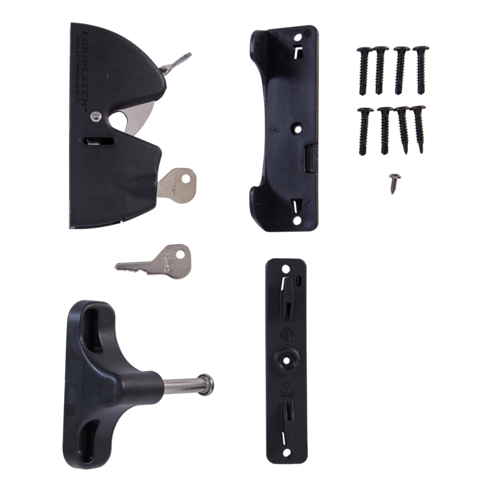 Black lockable gate latch set with keys and mounting screws for gate hardware and door accessories collections