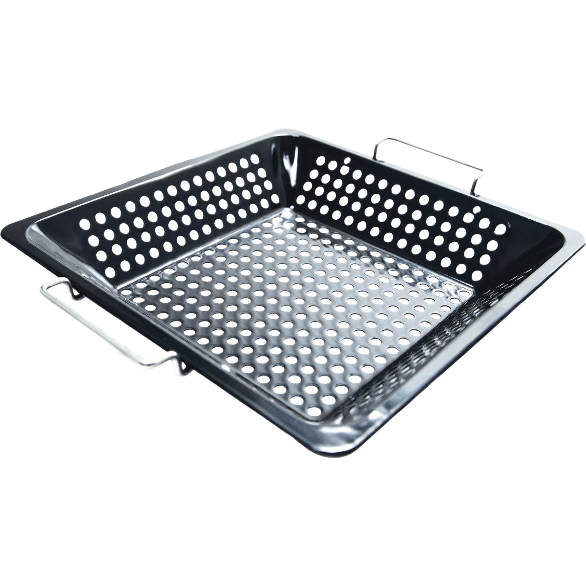 Perforated stainless steel grilling basket with side handles for outdoor cooking and grilling accessories collections under $50
