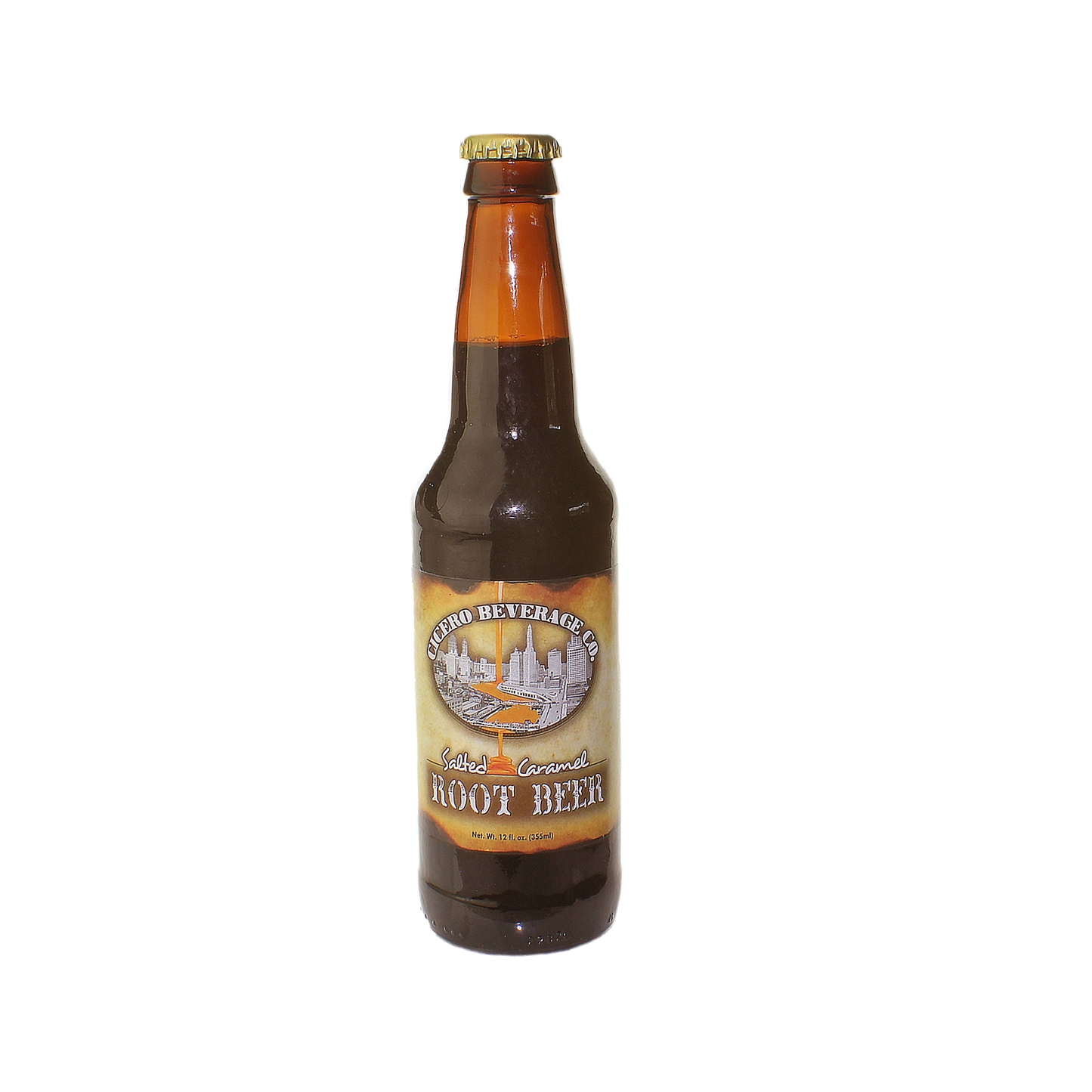 Single amber glass bottle of salted caramel flavored root beer for drinks and food & beverage collections