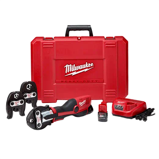 Compact red cordless press tool kit with jaws, battery, charger, and protective carrying case in woodworking and home improvement tools collection