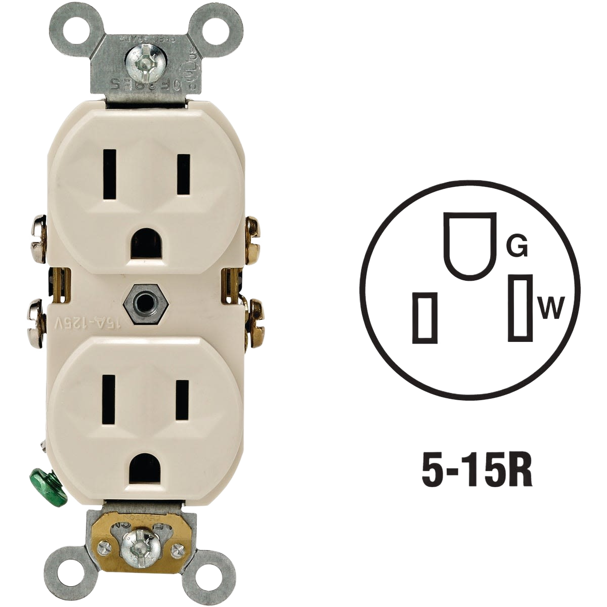 Light almond commercial grade duplex electrical outlet with two receptacles for home improvement projects