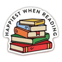 Stack of colorful books with a curved text banner expressing joy in reading, decorative book-themed sticker design