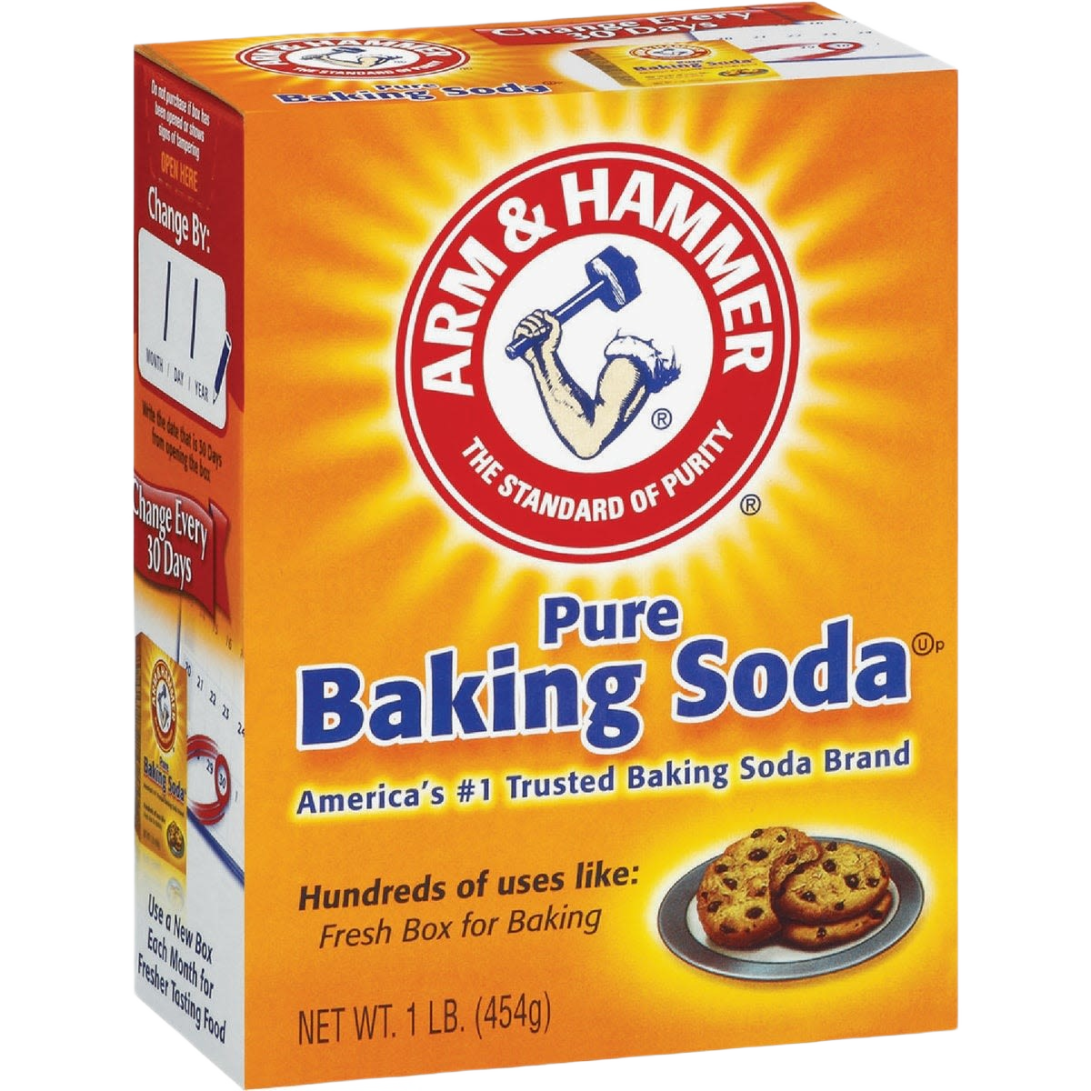 Bright orange box of Arm & Hammer baking soda displaying logo and baking uses for home improvement tasks