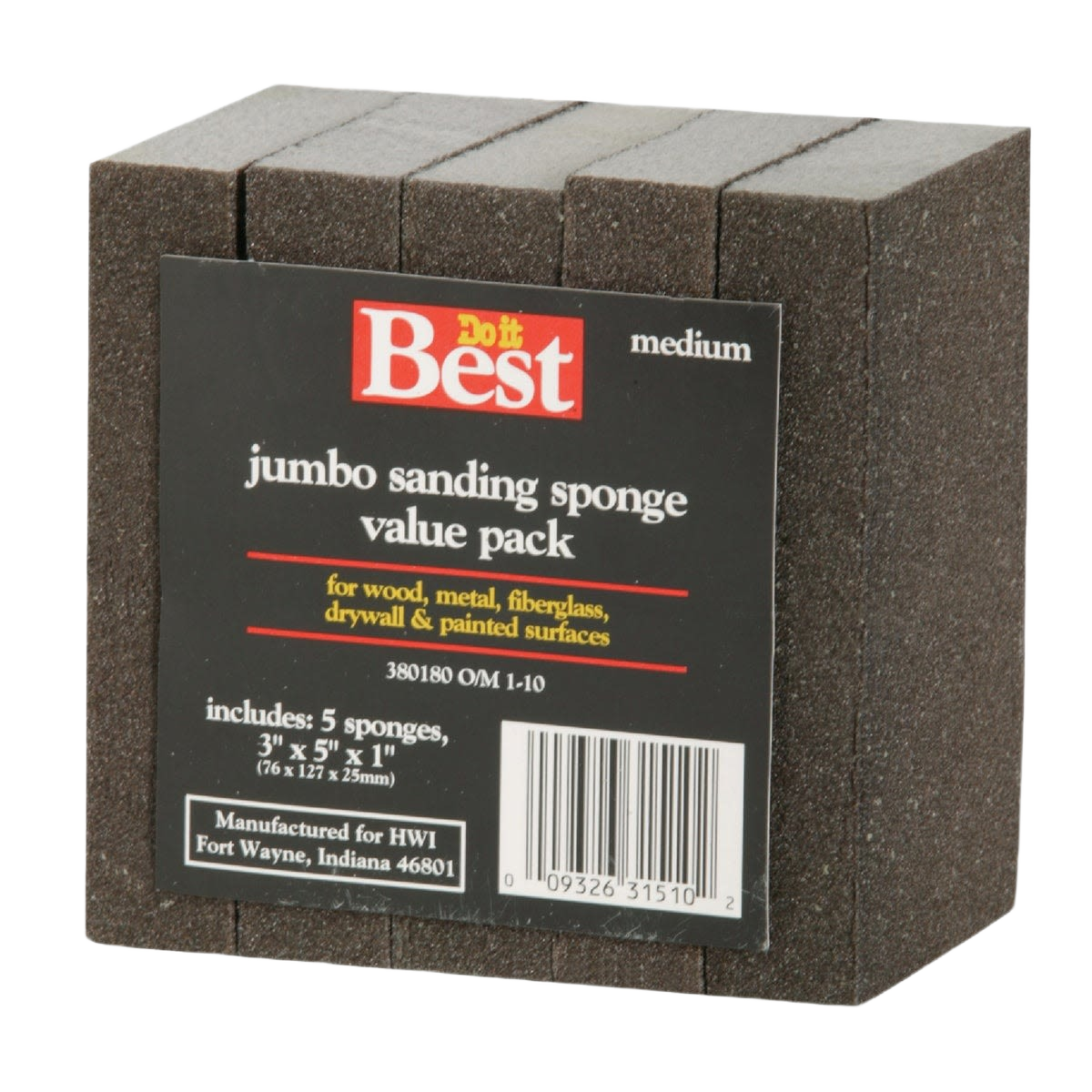 Pack of five medium grit jumbo sanding sponges for wood, metal, fiberglass, drywall, and painted surfaces in tools collections