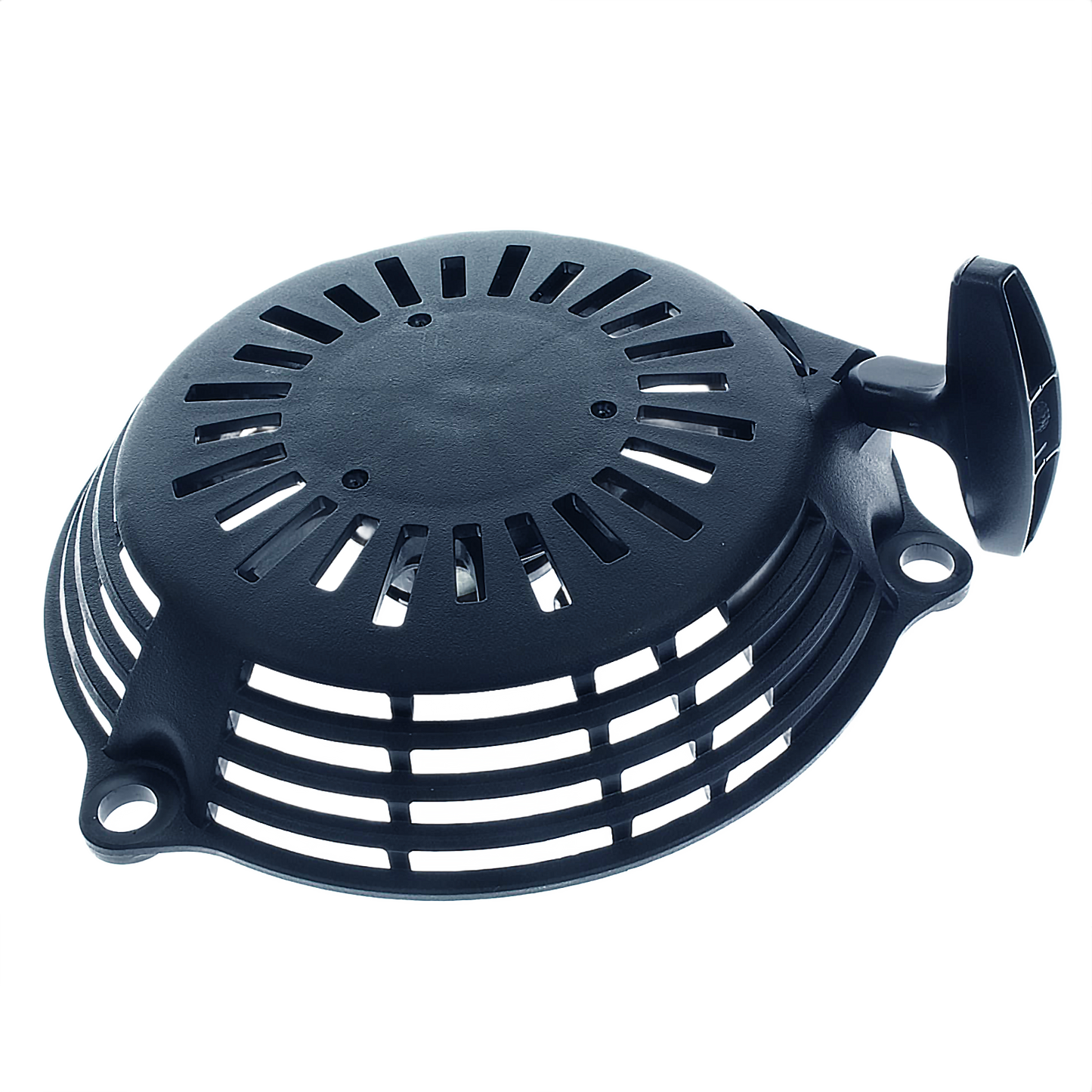 Black recoil starter pull assembly for lawn equipment, suitable for parts and home improvement tools collections