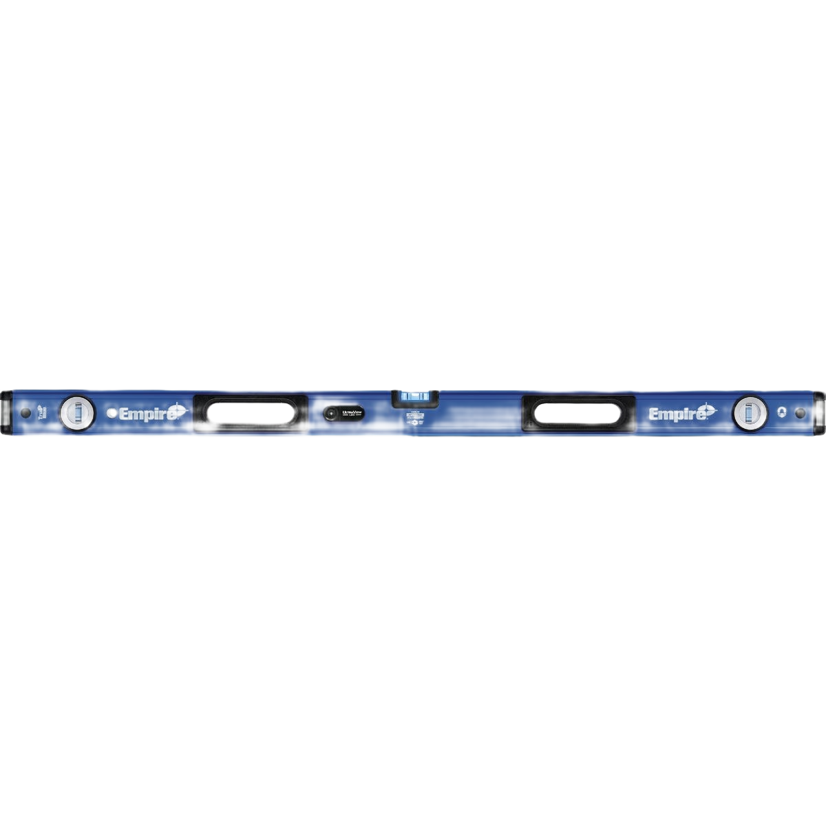 Blue 48-inch LED box level with high-contrast e-Band vials for woodworking and home improvement tasks