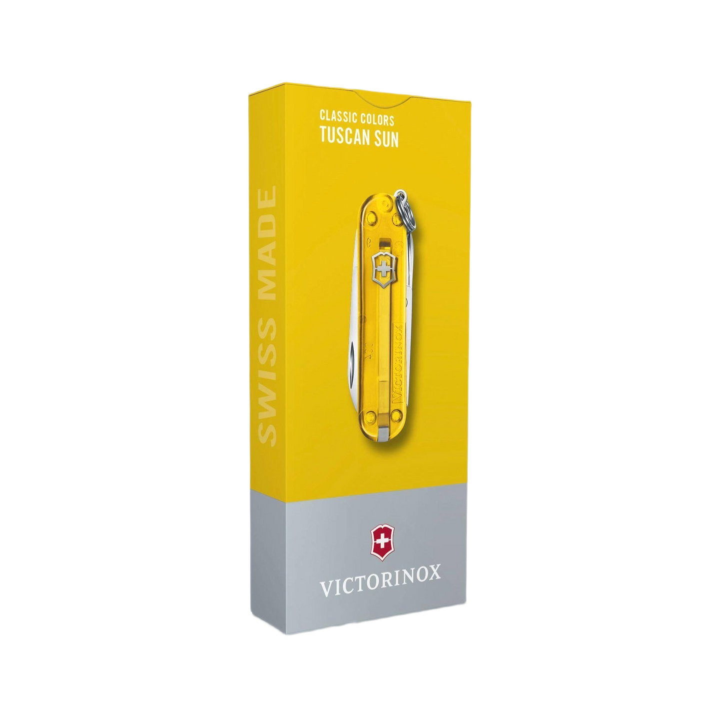 Compact Tuscan Sun yellow transparent pocket knife with multiple tools for cutting and home improvement tasks