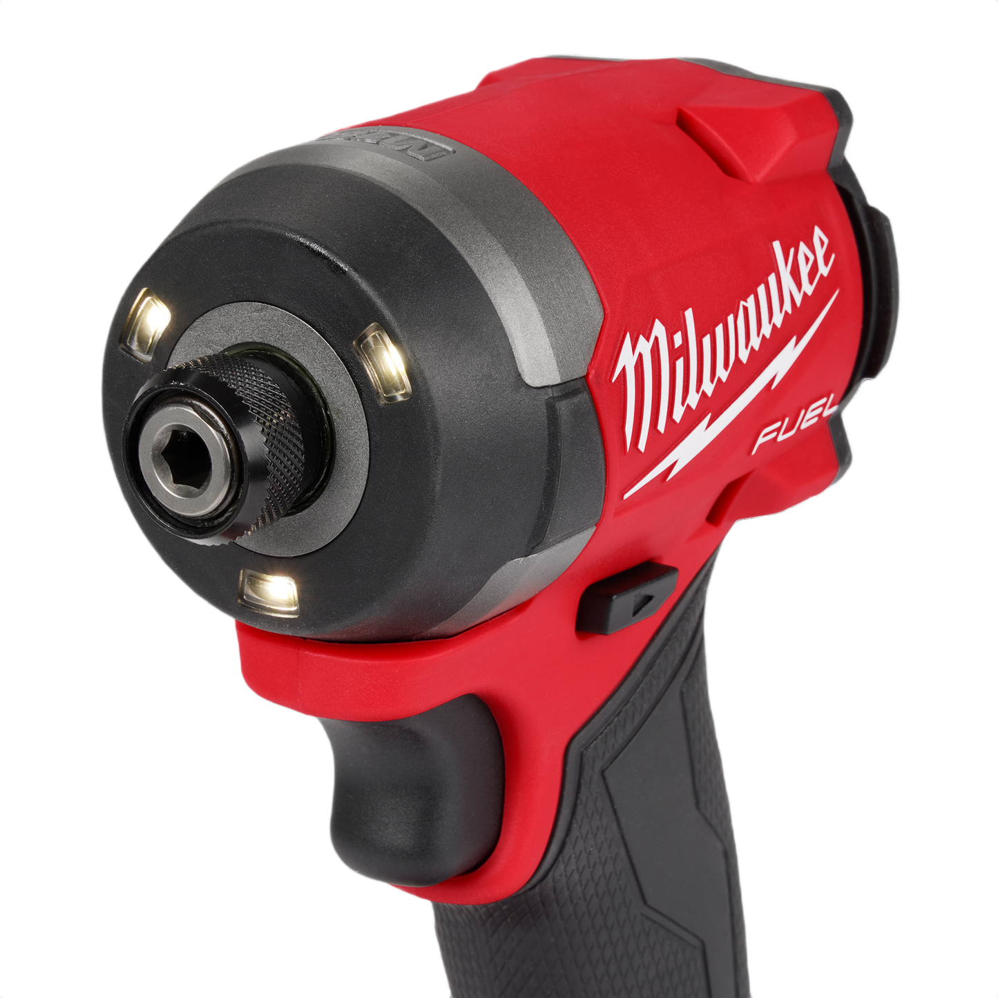 Red Milwaukee cordless impact driver with integrated LED lights and textured grip for tools and home improvement tasks