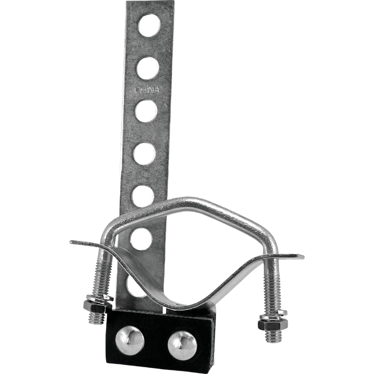 Galvanized metal pipe hanger with adjustable mounting strap and bolts for home improvement use