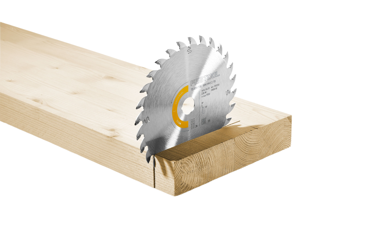Steel circular saw blade with 28 teeth cutting into a wooden plank for woodworking and home improvement tasks