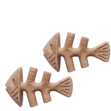 Two fishbone-shaped chew toys for small puppies flavored with real Jack salmon in pet supplies packaging