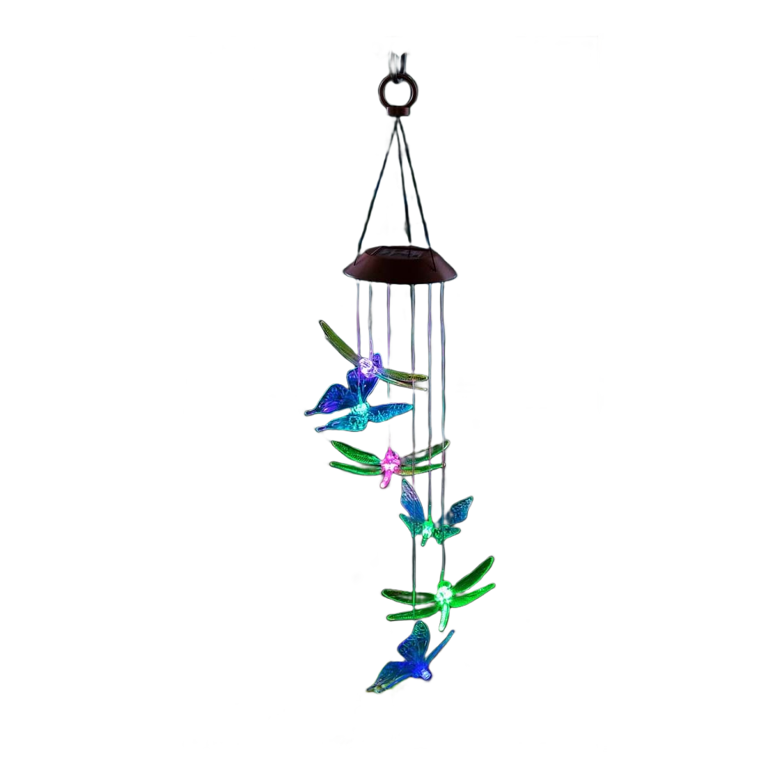Solar-powered hanging mobile with illuminated dragonfly and butterfly accents for decorative outdoor ambiance lighting